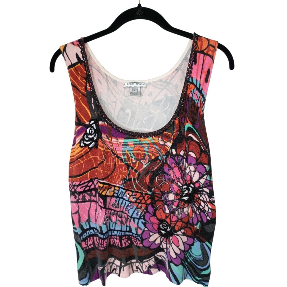 Alberto Makali Womens Twin Set Cardigan Tank Abstract Floral Sequin Beaded Large - Picture 2 of 15